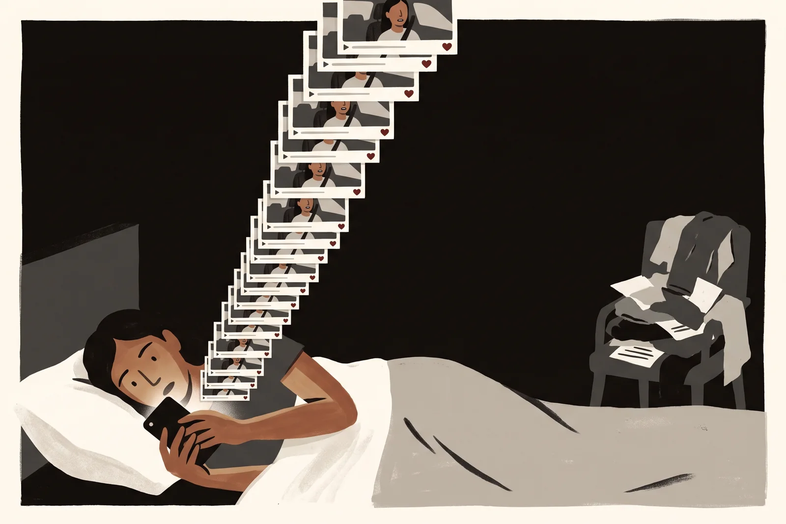 A woman lies in bed at one in the morning lit by her phone, a tall stack of near-identical video frames rising from it.