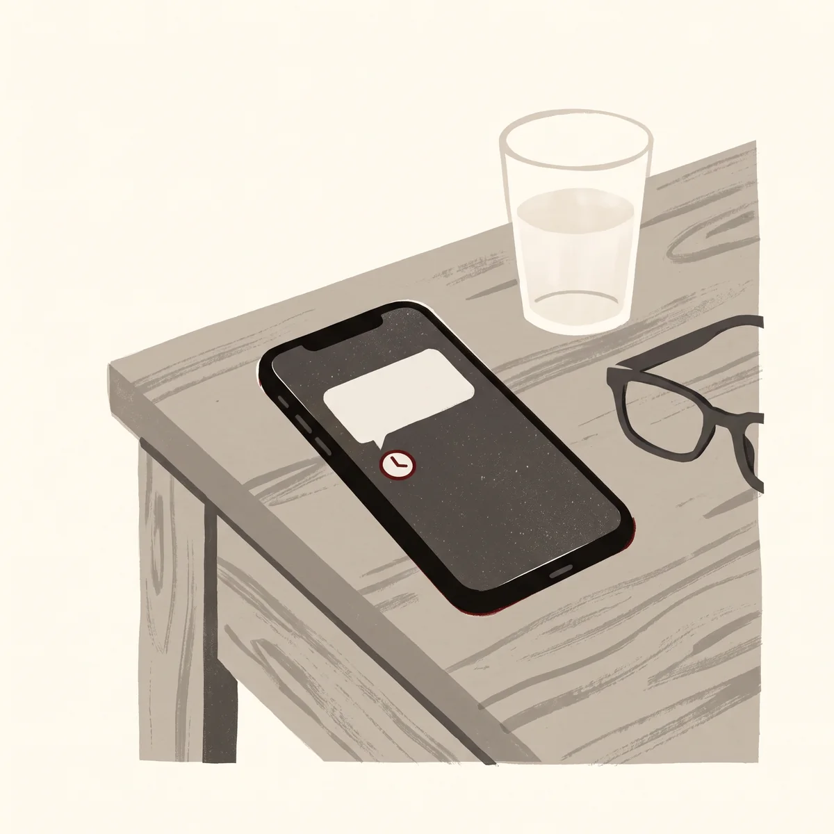 A phone on a bedside table shows one blank message bubble with a small red clock beneath it, a glass of water beside it.
