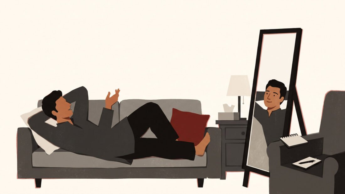 A young man talks from the therapy couch. In the therapist's chair stands a mirror, and his own face nods back at him.