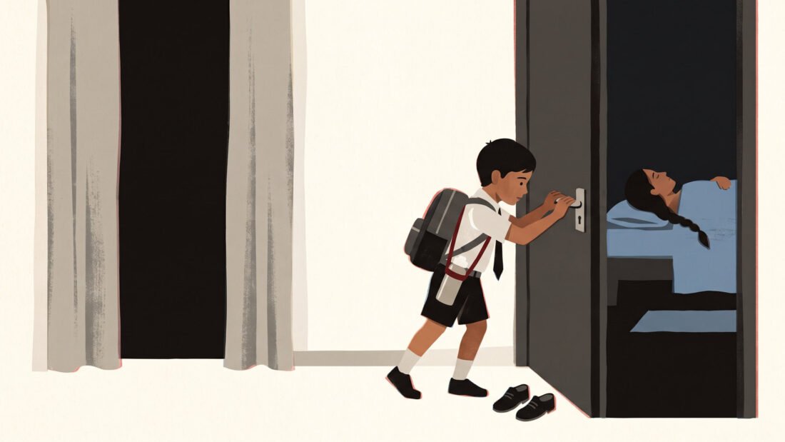 A seven-year-old closes his mother's bedroom door with both hands so it makes no sound. Short story about a depressed mother.
