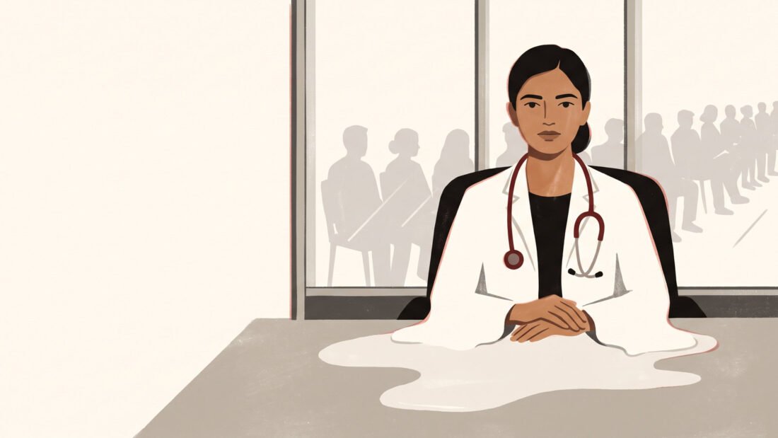 A young doctor sits composed at her desk while her white coat melts across it like candle wax, the queue waiting behind her.
