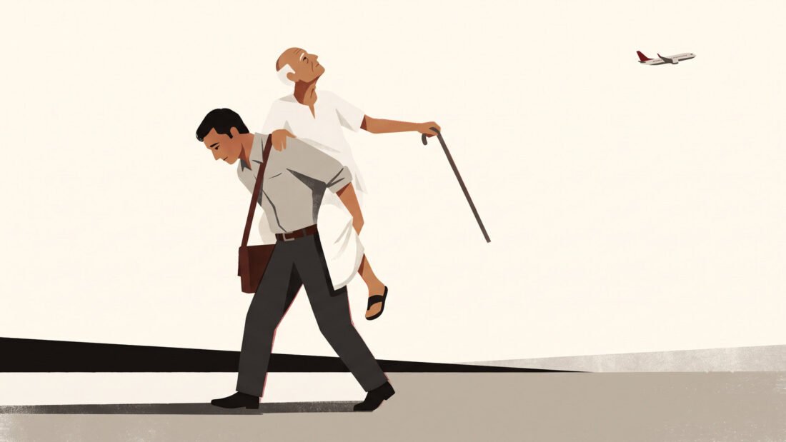 A man in office clothes carries his elderly father on his back, while the father looks up at an aeroplane a long way off.