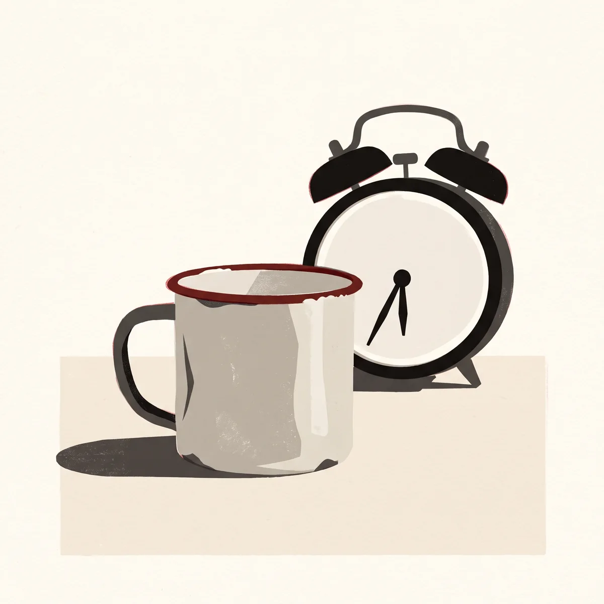 A dented enamel mug with a chipped red rim stands in front of an alarm clock showing a quarter past six.