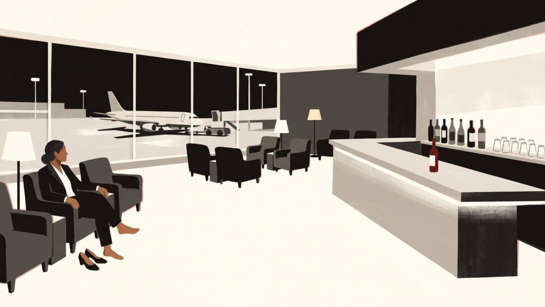 A woman sits shoeless in an empty airport lounge at 3 a.m., her back to an unattended bar. Short story about craving in sobriety.