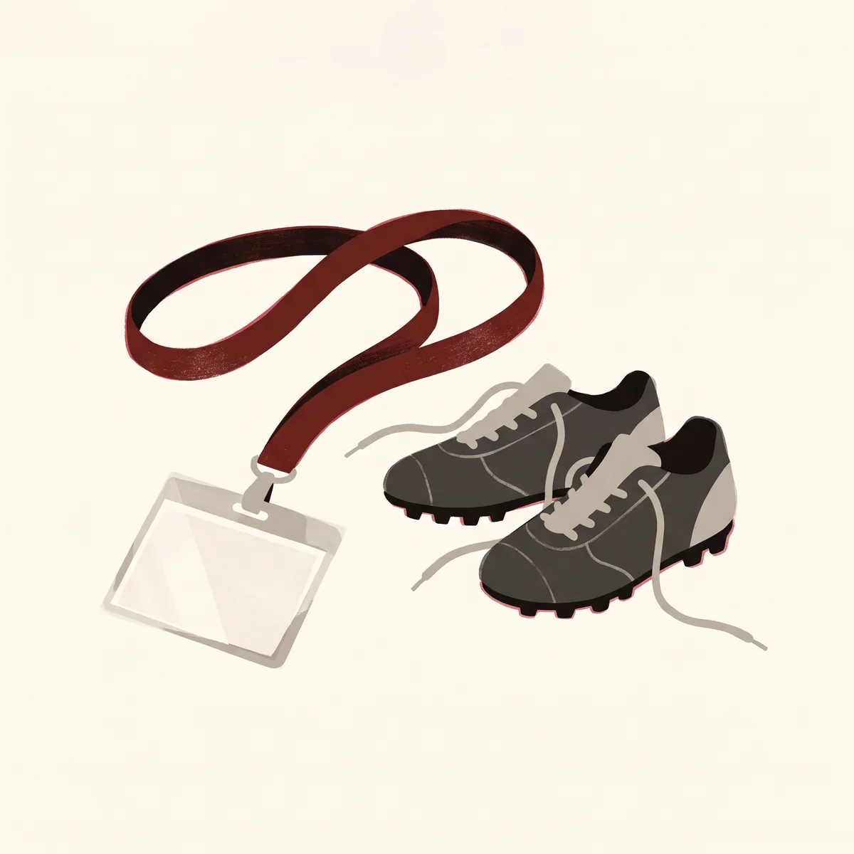 A red lanyard with an empty card holder lies coiled next to a pair of child's football boots, laces trailing.