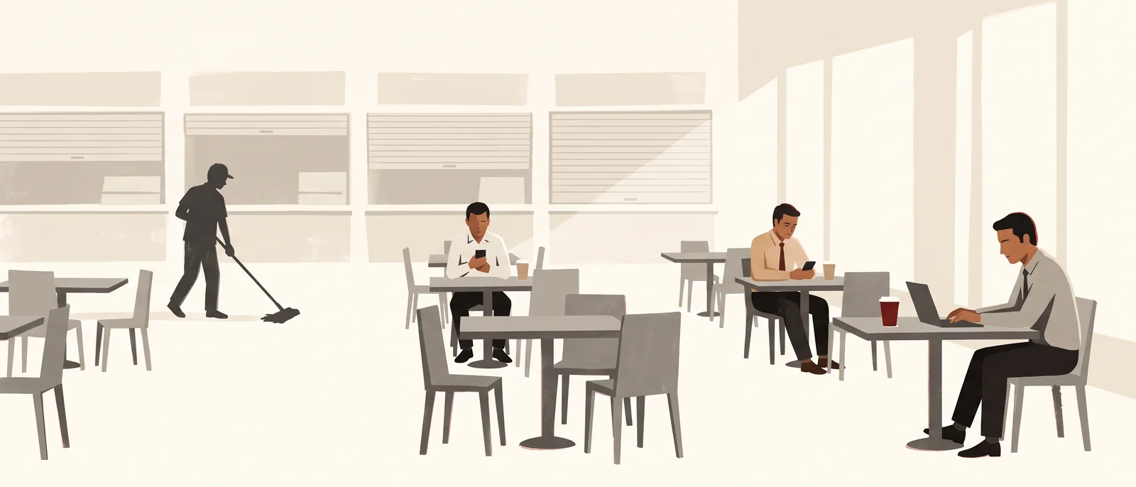 A mall food court at mid-morning, nearly empty, where men in office shirts sit alone at separate tables with their laptops.