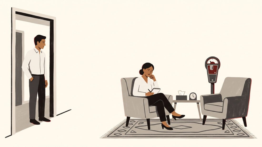 A therapist waits opposite an empty armchair with a coin meter beside it. A young man stands at the door, not yet coming in.