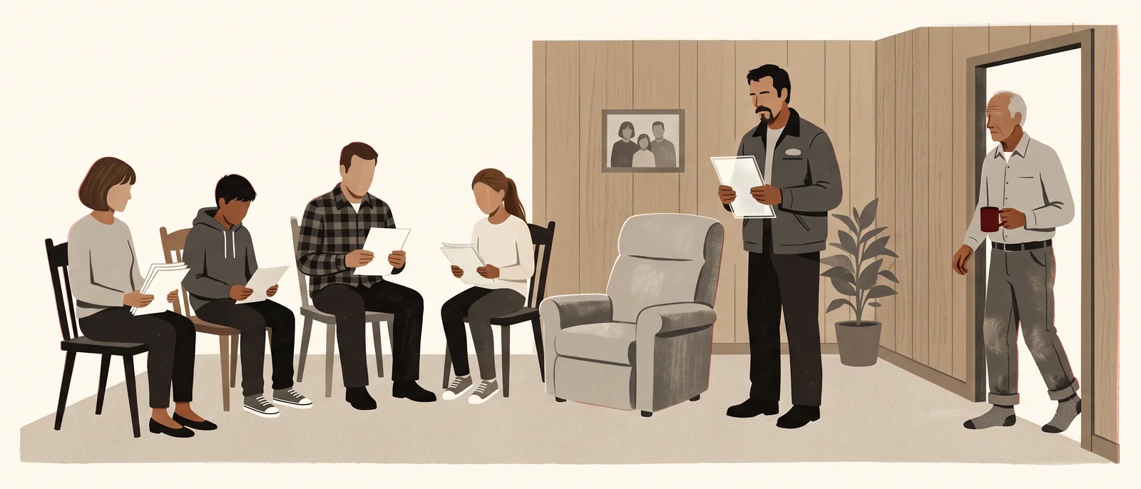 A family sits in a stiff semicircle holding letters around an empty recliner as the father stops in the doorway in his socks.