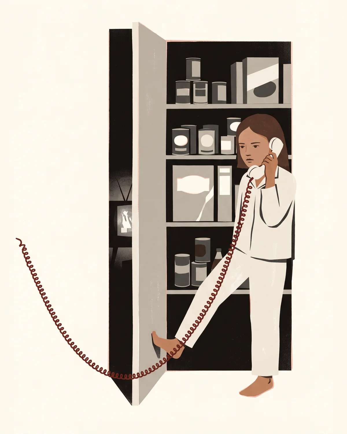 A nine-year-old girl in pyjamas stands in the pantry with the telephone, holding the door shut with her foot, the red cord taut.