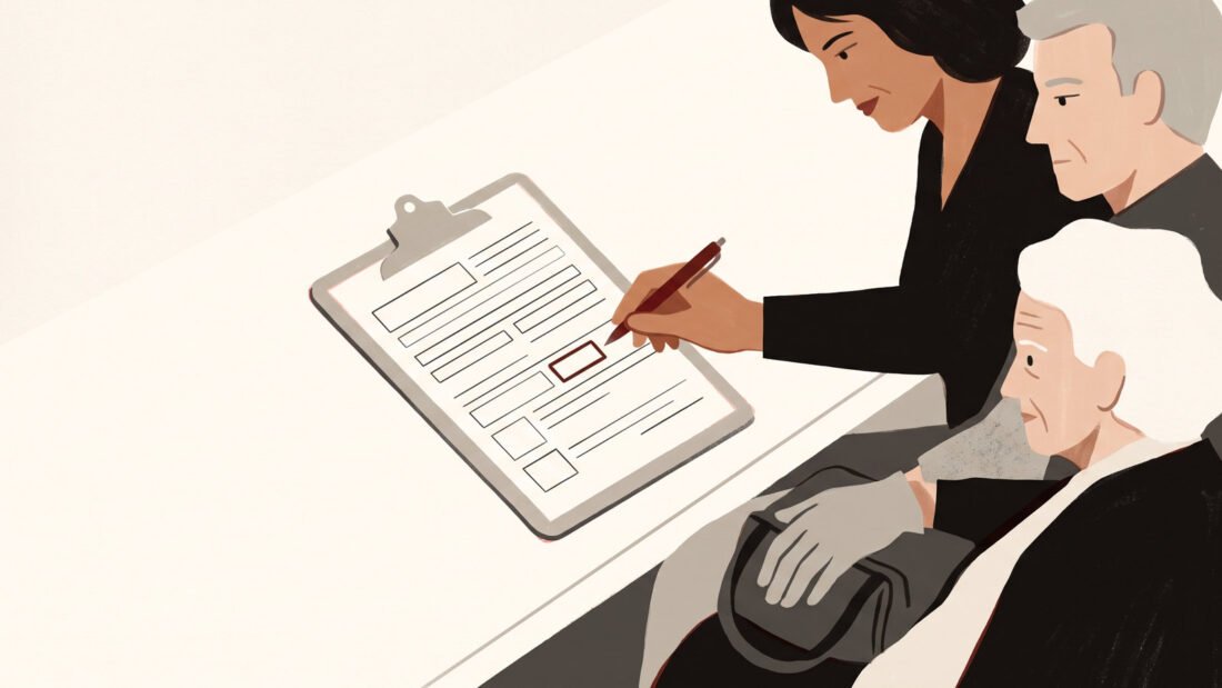 A woman's pen hovers over one small empty box on a hospital admissions form, her elderly mother's hands on a handbag beside her.