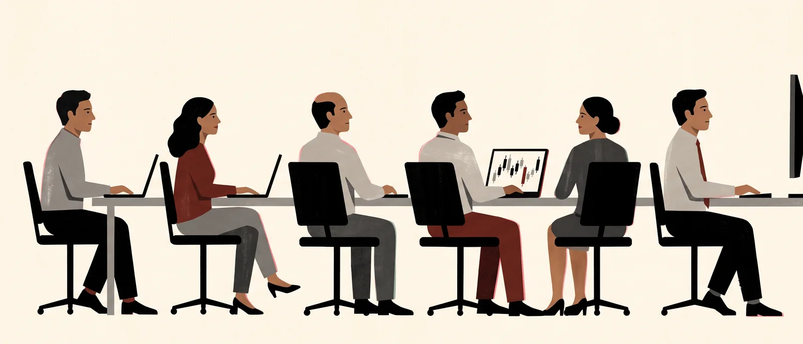 Six colleagues in a row at the morning meeting, laptops open. On one screen, unnoticed, a trading chart.