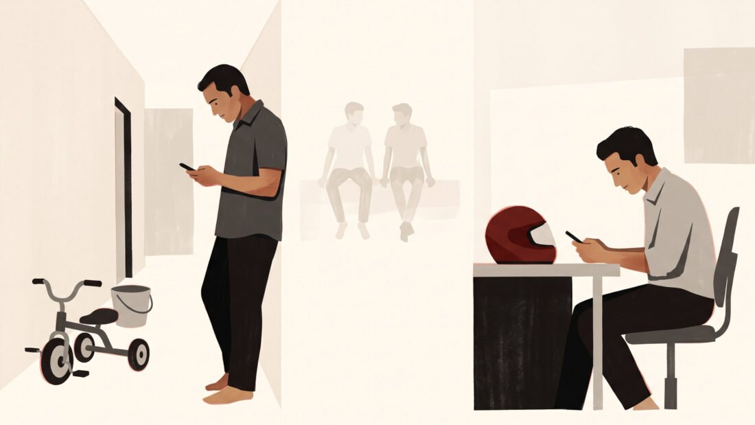 Two men in two cities look at their phones, and in the space between them the faint outline of their younger selves sits together.