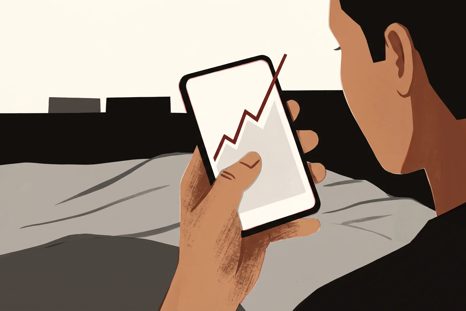 A young man's thumb hovers over a phone screen where a red line climbs steeply and is about to leave the chart.