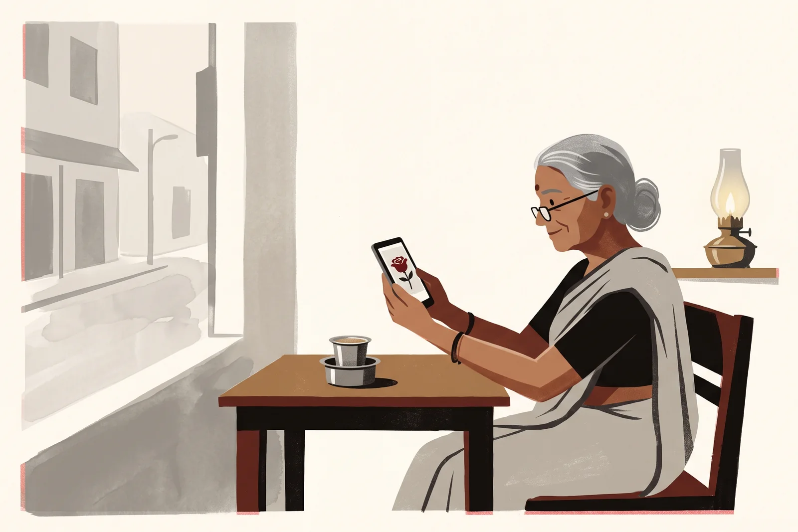 An elderly woman in a cotton sari sits by the window at dawn, a lamp lit behind her, sending a red rose from her phone.