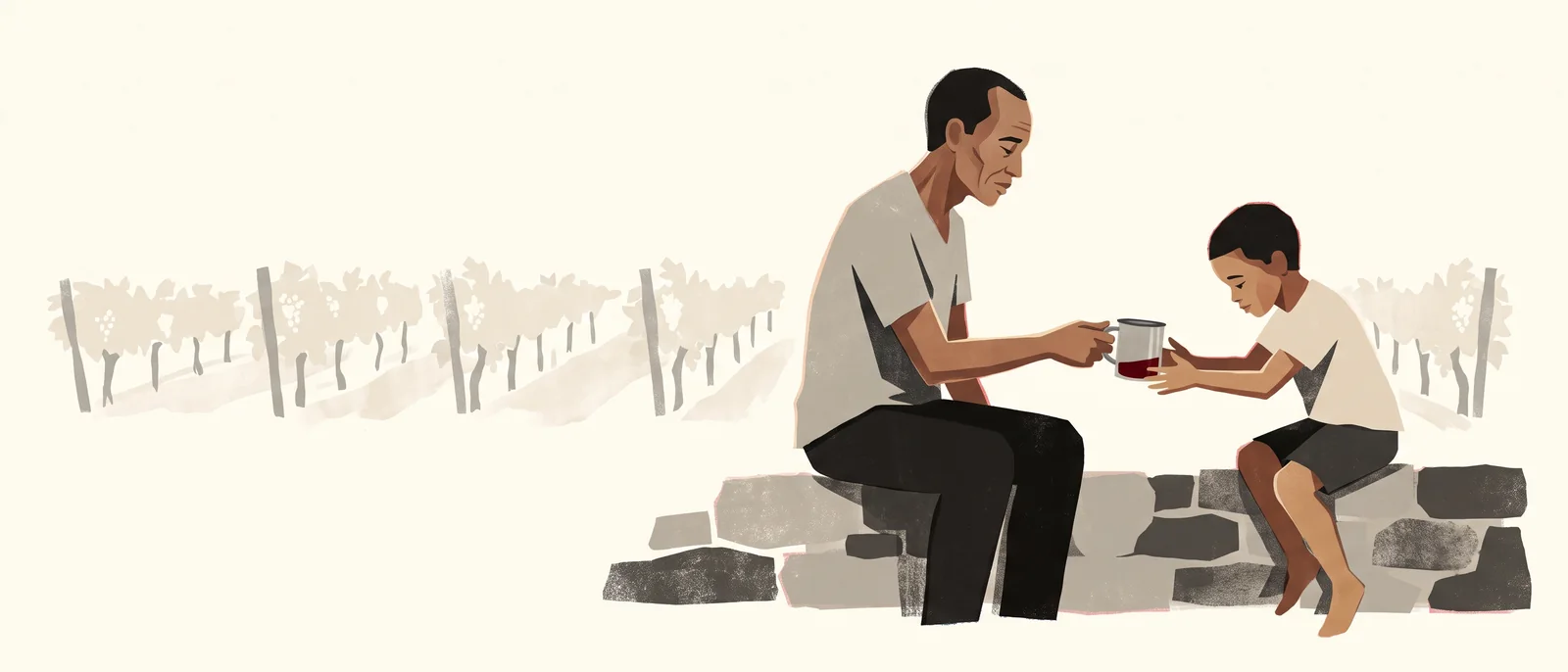 A farm worker hands his young son a tin mug as they sit together on a low stone wall, the vineyard rows behind them.