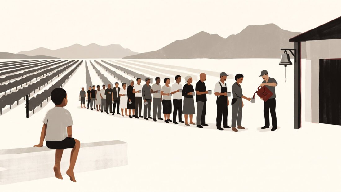 A barefoot boy sits on a farm wall watching a line of workers with tin mugs as the foreman pours wine from a jerry can.