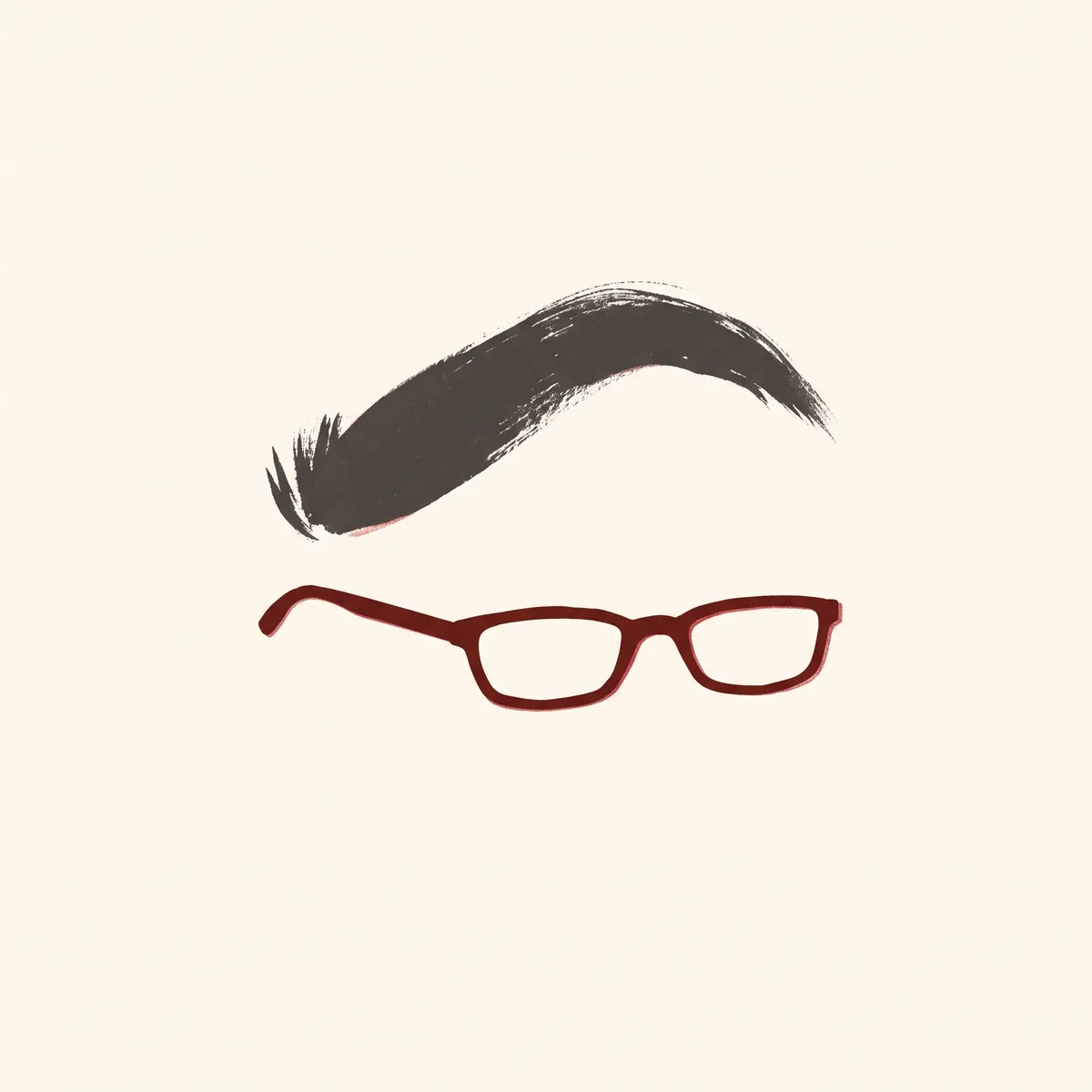 A single raised eyebrow, drawn large and alone, above a small pair of red reading glasses.