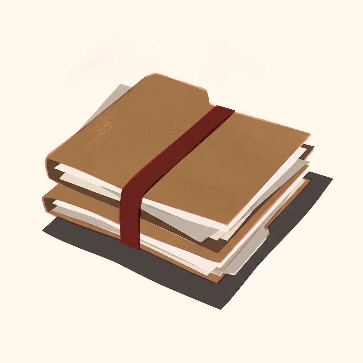 Two overstuffed manila medical folders held together by a wide red rubber band, papers edging out.
