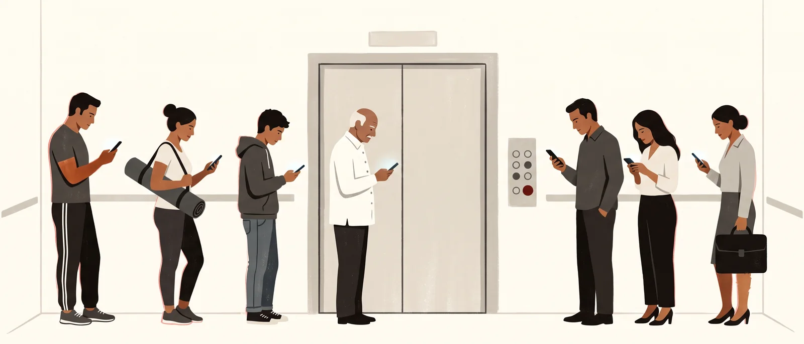 Seven neighbours wait at a lift in silence, every head bent over a phone. Loneliness in apartment living.