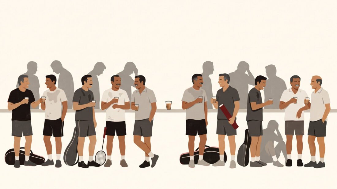 Men in shorts laugh over tea after badminton, each casting a shadow that is not laughing, and one place in the row is empty.