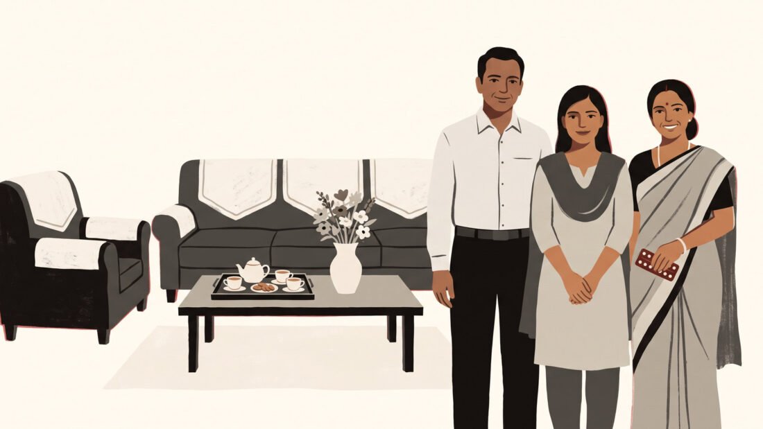 A family stands posed and smiling for the guests, tea laid out, the mother holding a strip of tablets low at her side.
