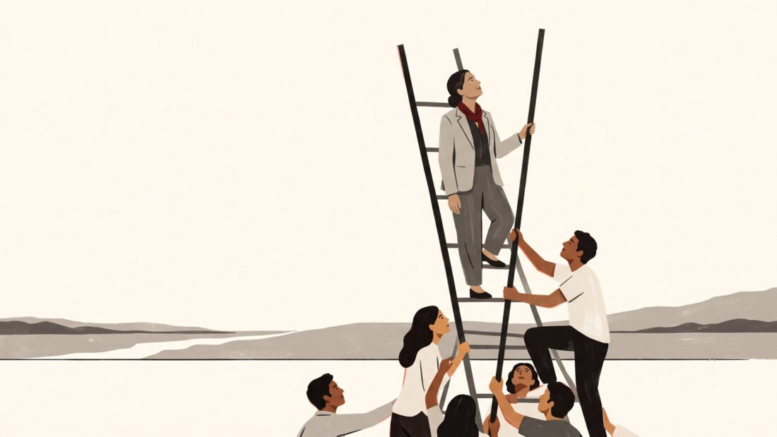 A woman stands two-thirds of the way up a ladder, looking at where it ends, while younger climbers crowd the rungs below.