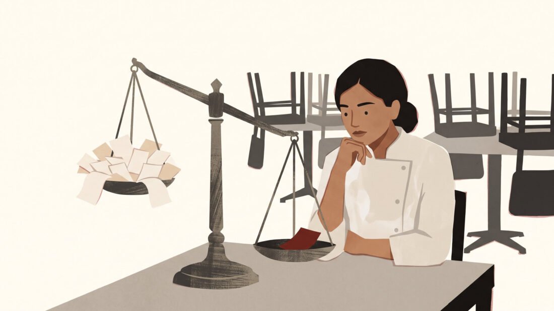 A balance scale tips toward one slip of paper against a heaped pan of many. Negativity bias: why criticism outweighs praise.