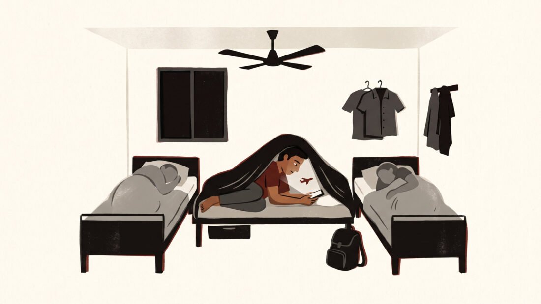 Three beds in a dark shared room. In the middle one a young man under a sheet, his face lit by the phone he is betting on.