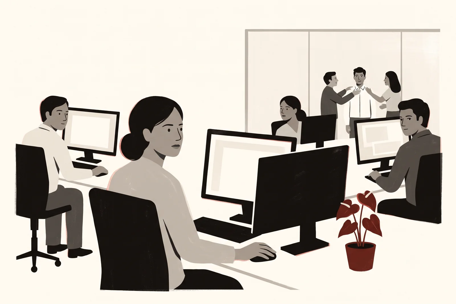 A woman reads her screen with a careful face while colleagues glance sideways and a younger man is congratulated behind her.