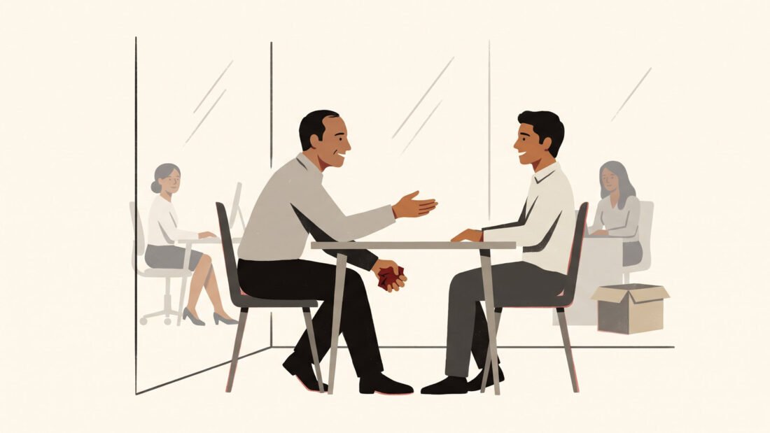 A smiling manager reassures an employee while crushing a sheet of paper out of sight. The people-pleasing boss.