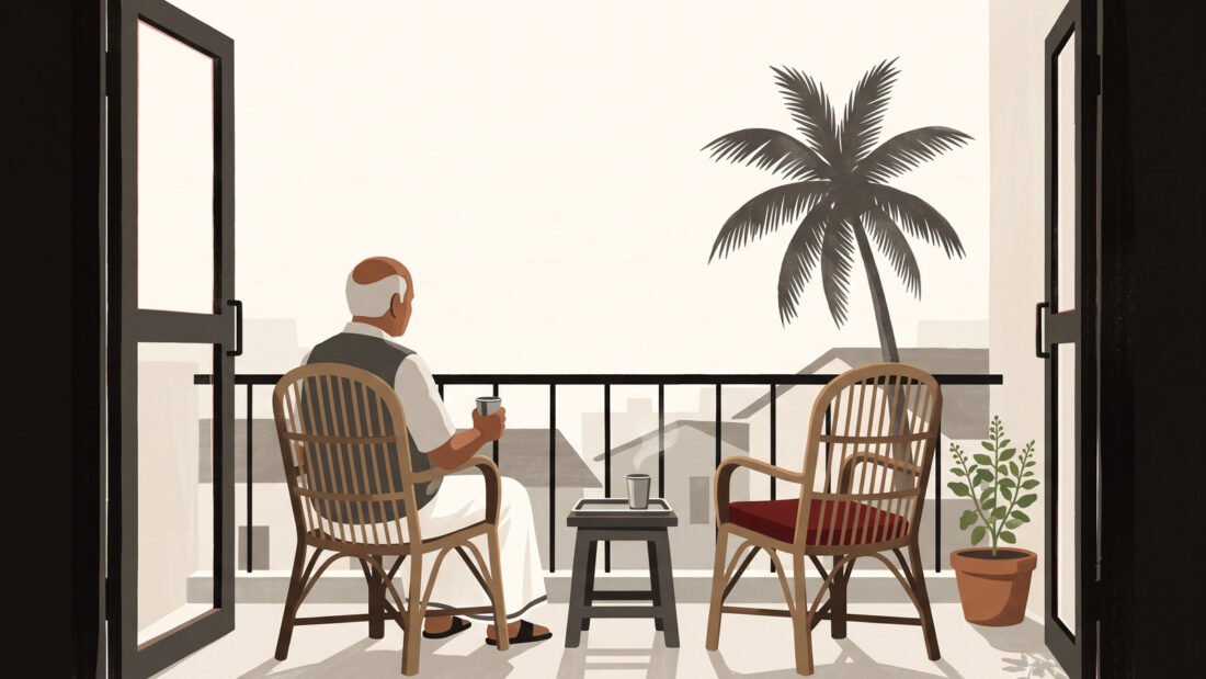 An elderly man sits on a balcony at dawn beside an empty cane chair, a second tumbler of coffee steaming on the stool.