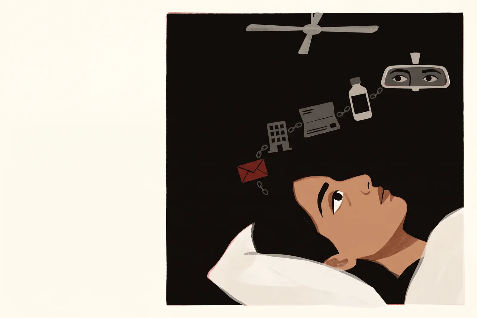 A woman awake in the dark, a chain of night worries rising from her pillow, the first of them a small red envelope.