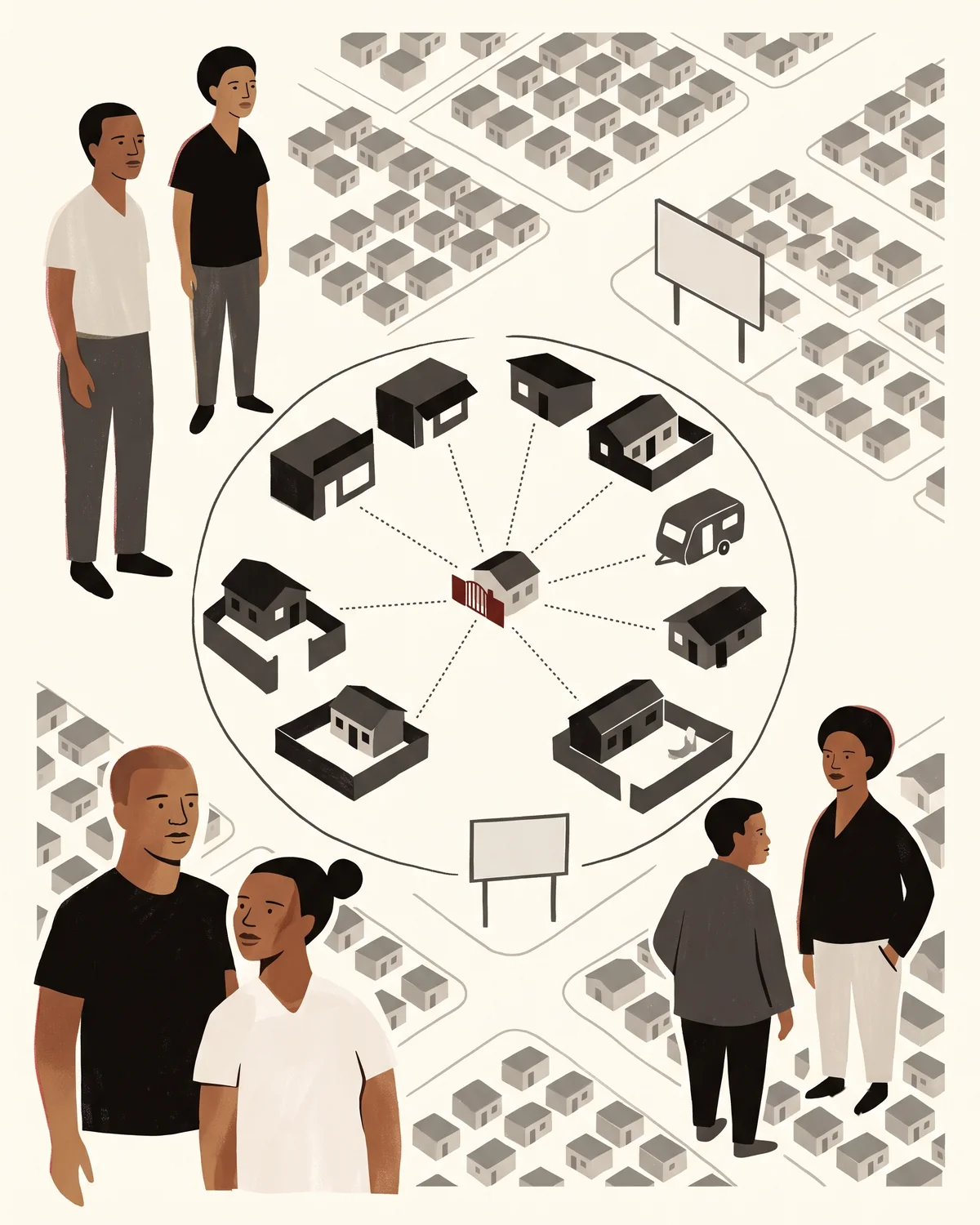 A township seen from above, nine drinking places picked out in a ring around one red front gate, neighbours standing by.