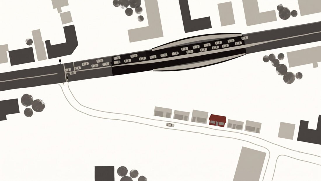 Two routes home seen from above: a main road jammed at the signal, and a quiet service road past a shop with a red awning.