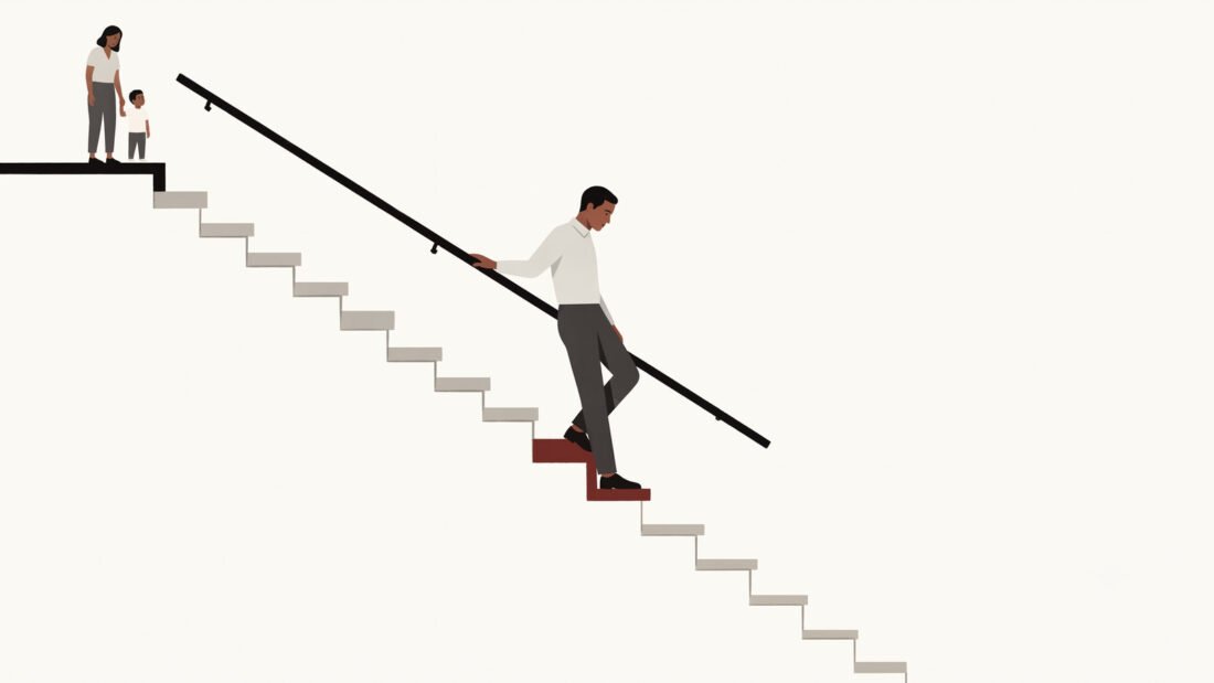 A man walks down a staircase that runs on past the bottom of the frame with no floor in sight, his family watching from the top.