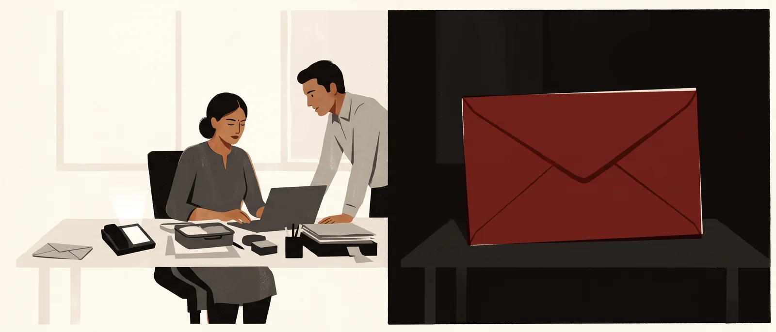 By day a small envelope sits unnoticed on a busy office desk. By night the same red envelope has the whole room.