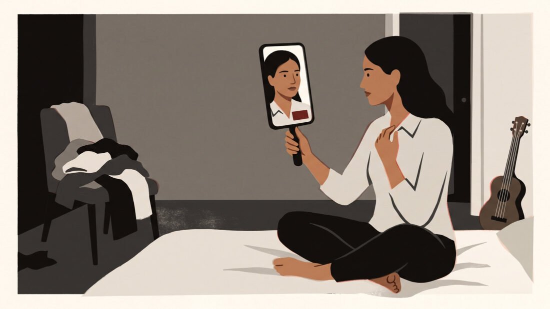 A young woman sits on her bed holding a phone like a hand mirror. The face looking back wears a name badge she does not have.