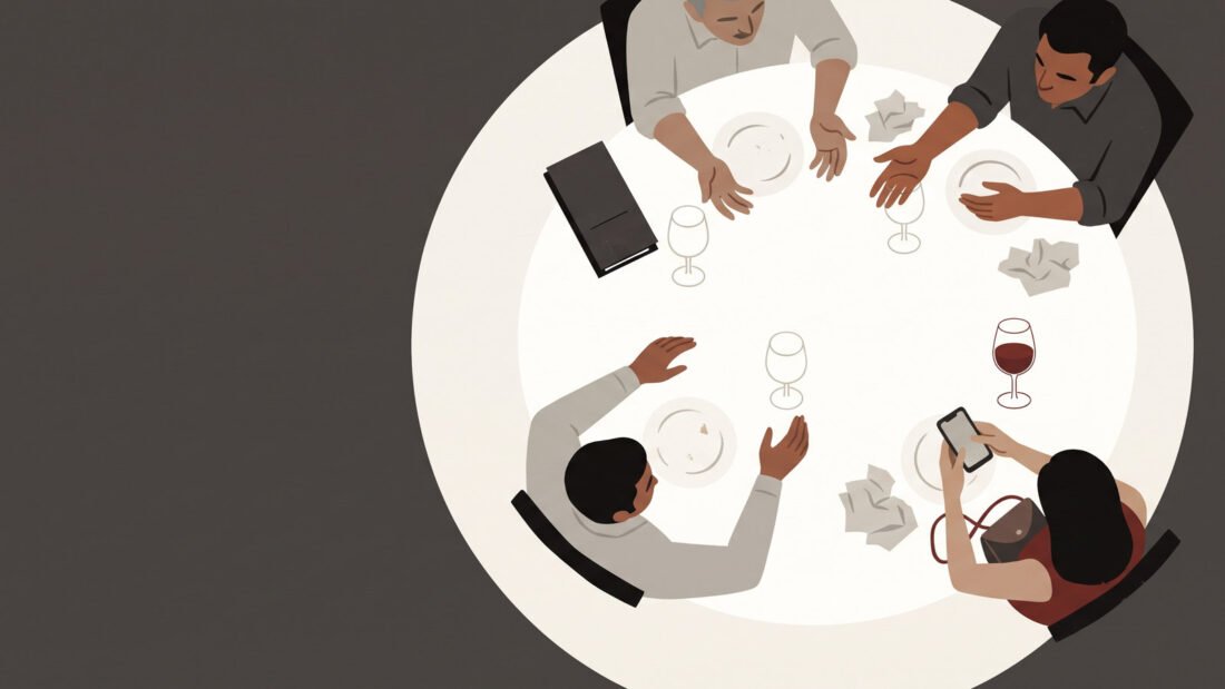 A dinner table seen from overhead, plates cleared, hands in mid-conversation, and one glass of red wine left half full.