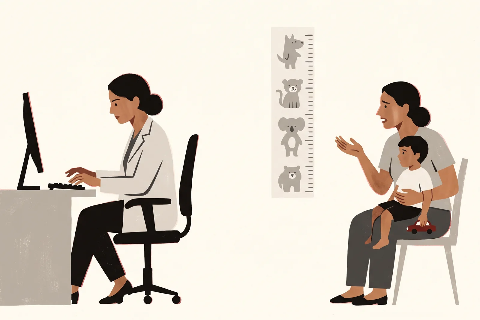 An anxious mother with a boy on her lap explains, one hand raised. The doctor is typing, and looking at the screen.