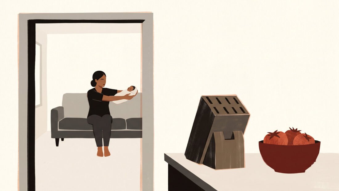 An empty knife block turned to the wall, a new mother holding her baby stiffly beyond it. Fiction on postpartum intrusive thoughts.