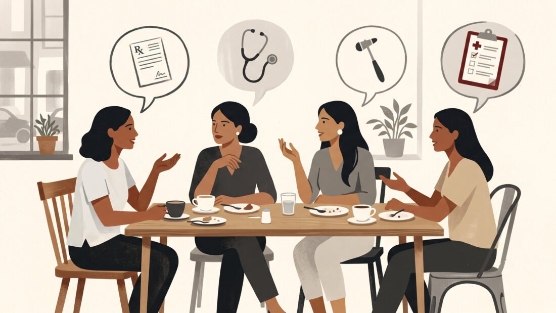Four friends at brunch, warm and animated, and above each head a speech bubble holding a clinical instrument instead of words.