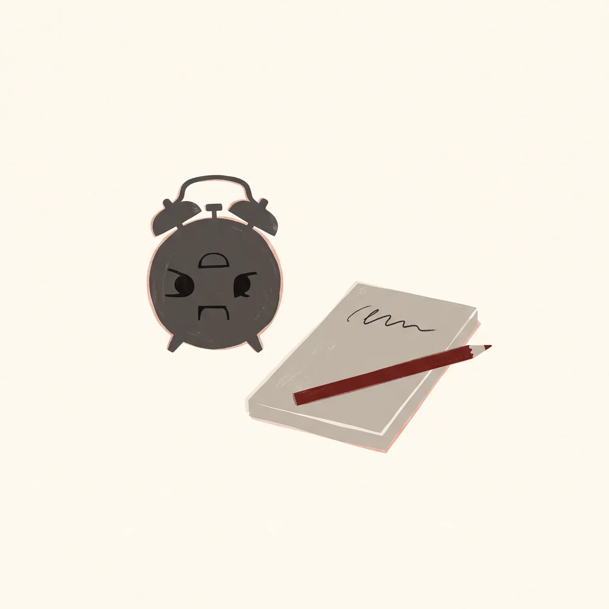 An alarm clock turned away from the bed, beside a notepad with one scribbled line and a red pencil laid across it.