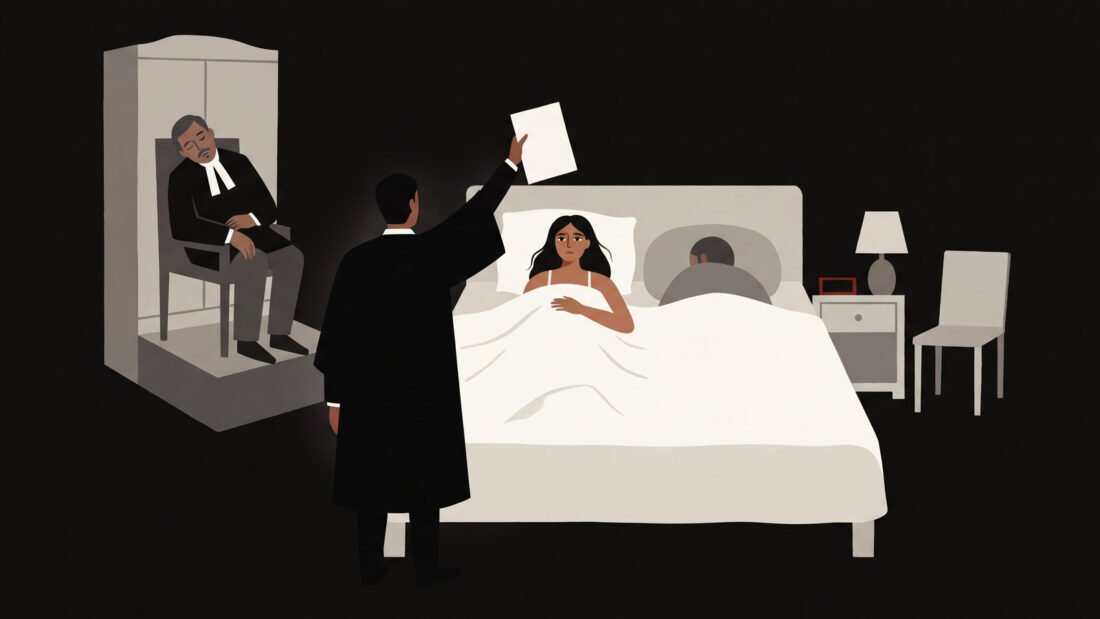 A woman lies awake at 3am while a gowned lawyer argues his case at the foot of her bed and the judge sleeps.
