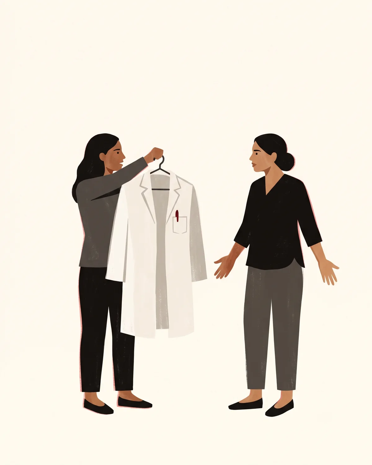 Two women in the middle of a quarrel, one holding a doctor's white coat on a hanger between them like a shield.