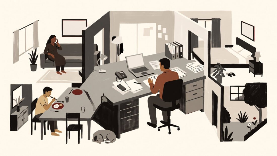 A family home in cut-away, an enormous office desk pushed through every room, and the family living around its edges.